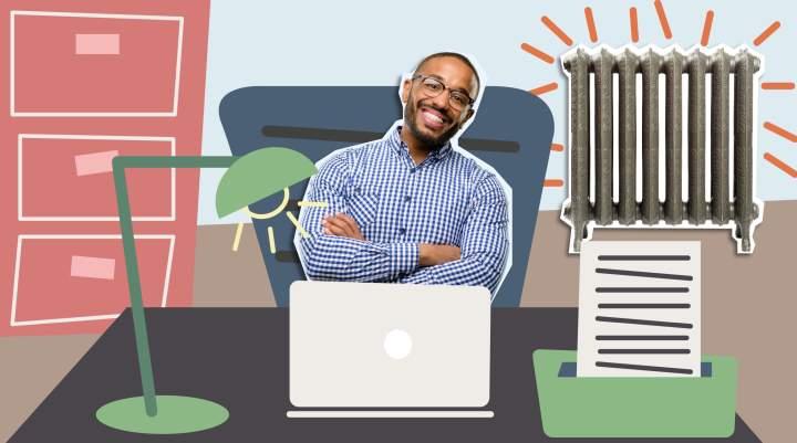 A man smiling with his arms crossed sitting in a fictional office.